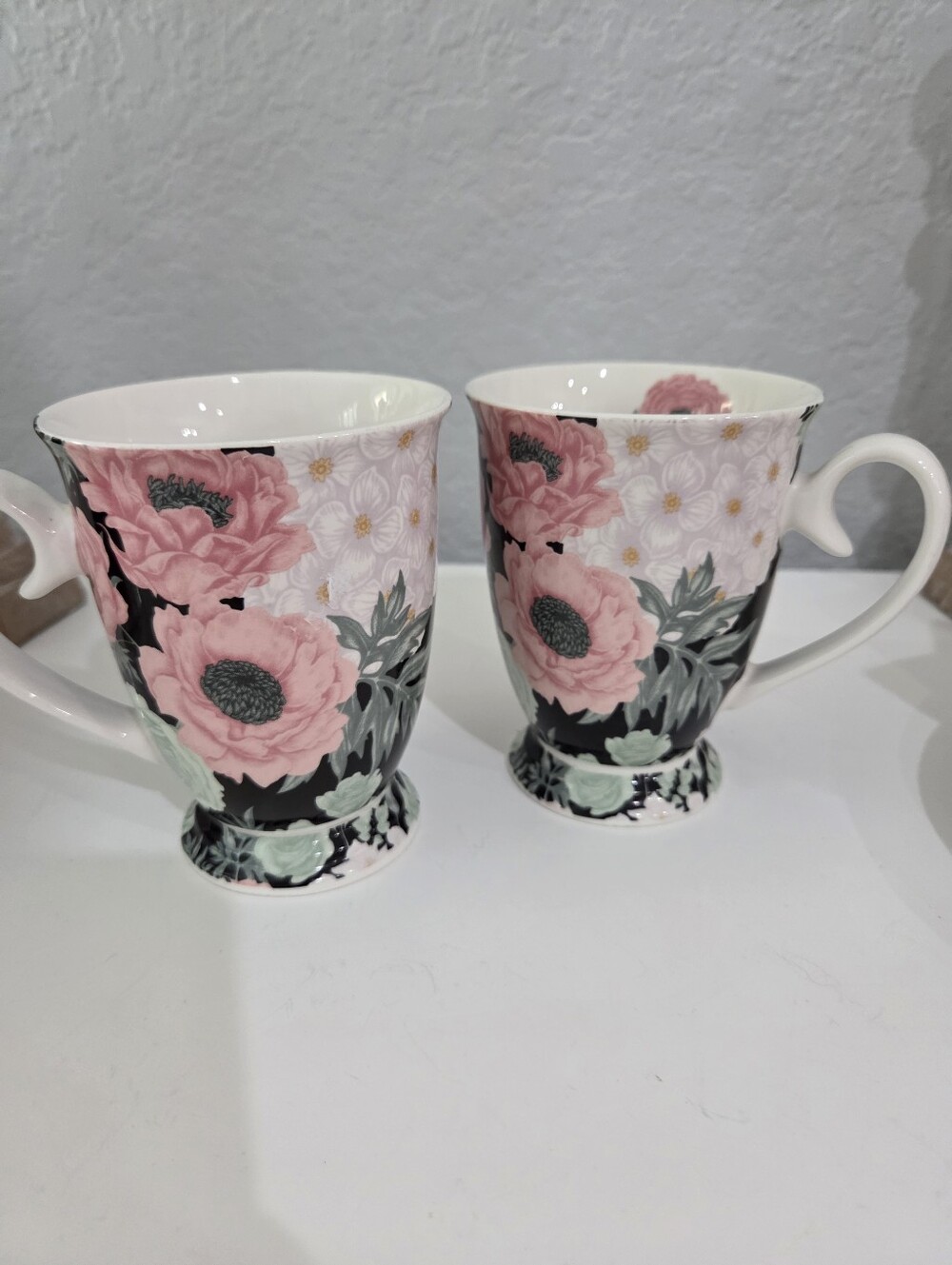 Pair Of New Anchor "Eileen's Reserve" Footed Scalop Shape Floral On Black Cups